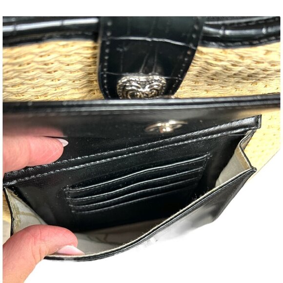 Raffa Straw & Black Crocodile Animal Print Vegan Leather Handbag Silver Hearts - Picture 3 of 13